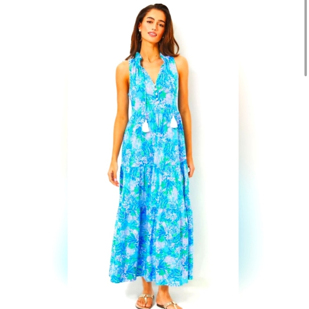 NWT Lilly Pulitzer Malone Maxi Dress Las Olas Aqua Strong Current Sea New XS